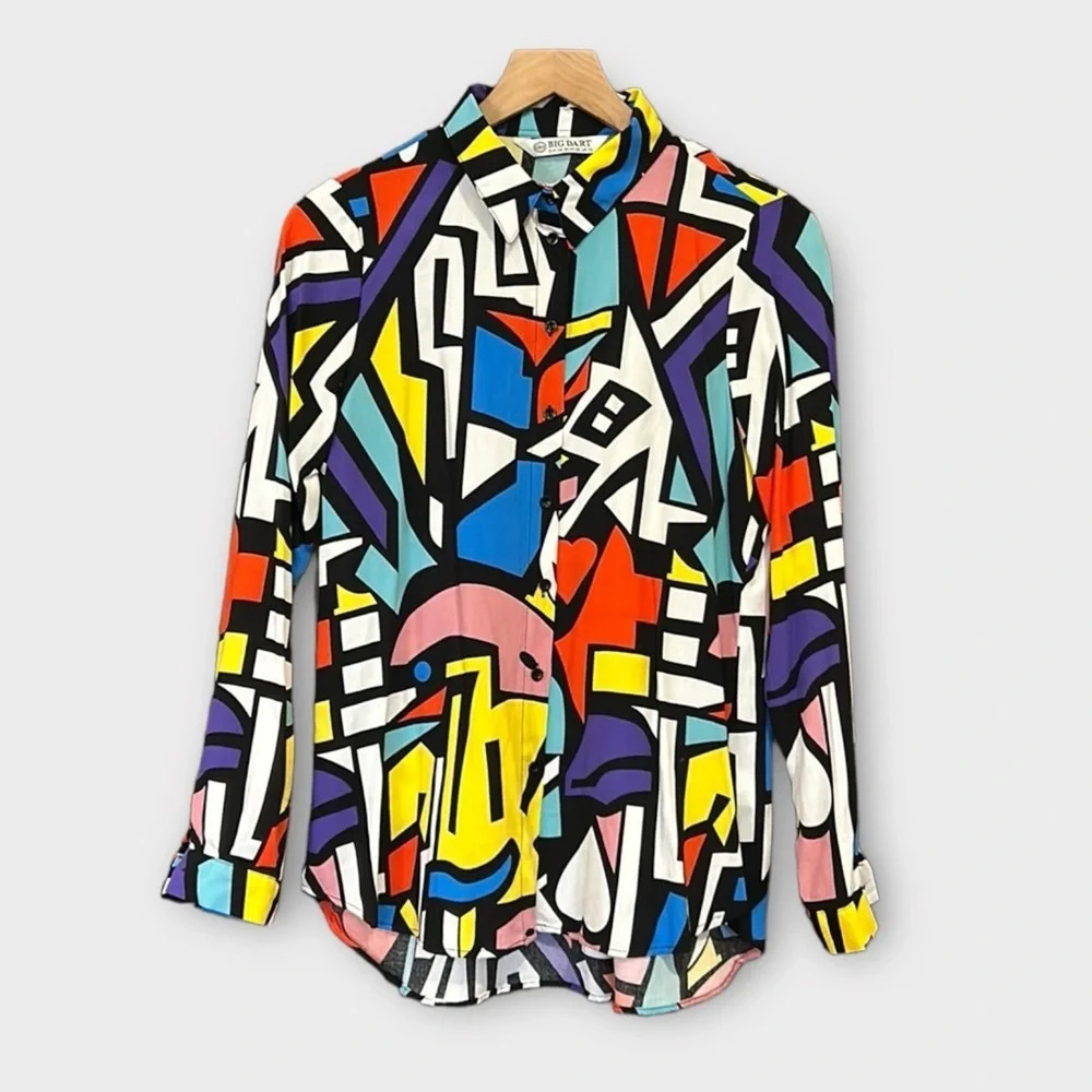 Big Dart Multicolored Abstract Art Deco Button-Up… - image 4
